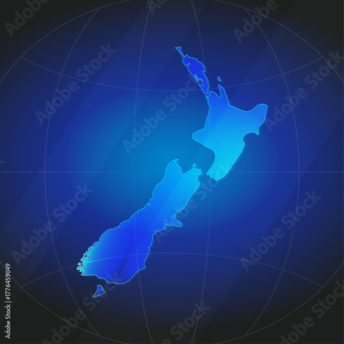 An illustration of New Zealand map silhouette with glowing blue color gradient and surrounded by grid globe. Suitable for design element, background, or infographic.