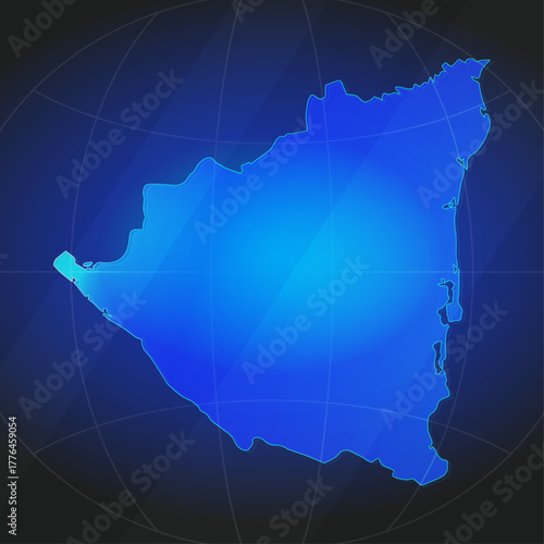An illustration of Nicaragua map silhouette with glowing blue color gradient and surrounded by grid globe. Suitable for design element, background, or infographic.