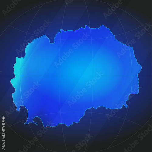 An illustration of North Macedonia map silhouette with glowing blue color gradient and surrounded by grid globe. Suitable for design element, background, or infographic.