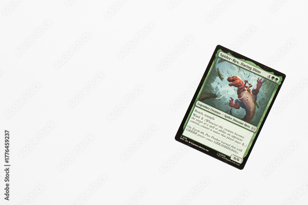 Obraz premium Bradford, UK Nov 3 2025 Spider-Rex, Daring Dino card from Spider-man magic the gathering shot isolated on a white paper background.