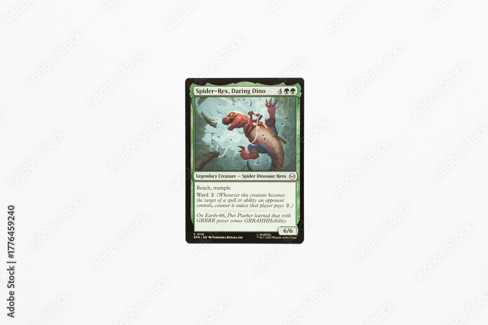Naklejka premium Bradford, UK Nov 3 2025 Spider-Rex, Daring Dino card from Spider-man magic the gathering shot isolated on a white paper background.