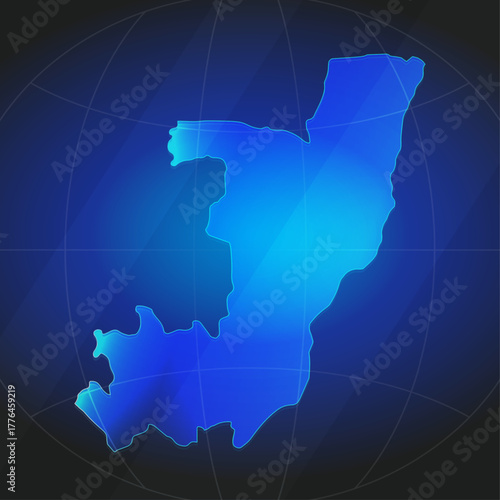 An illustration of Republic of the Congo map silhouette with glowing blue color gradient and surrounded by grid globe. Suitable for design element, background, or infographic.