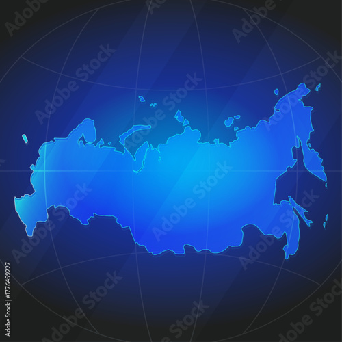An illustration of Russia map silhouette with glowing blue color gradient and surrounded by grid globe. Suitable for design element, background, or infographic.