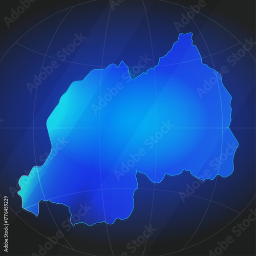 An illustration of Rwanda map silhouette with glowing blue color gradient and surrounded by grid globe. Suitable for design element, background, or infographic.