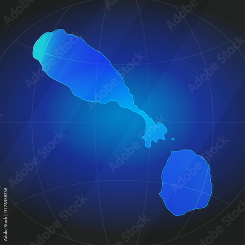 An illustration of Saint Kitts and Nevis map silhouette with glowing blue color gradient and surrounded by grid globe. Suitable for design element, background, or infographic.