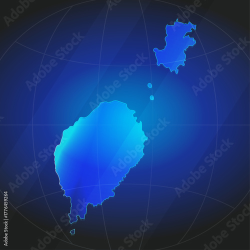 An illustration of Sao Tome and Principe map silhouette with glowing blue color gradient and surrounded by grid globe. Suitable for design element, background, or infographic.