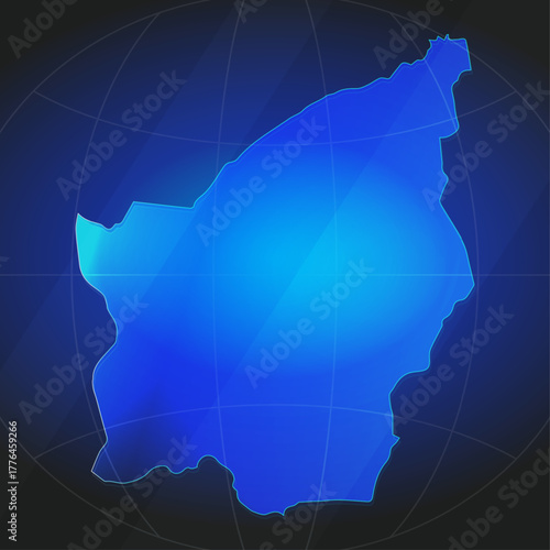 An illustration of San Marino map silhouette with glowing blue color gradient and surrounded by grid globe. Suitable for design element, background, or infographic.