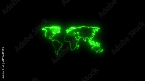 Neon glowing green color world map icon animation in black background...