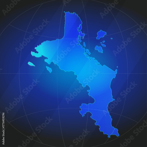 An illustration of Seychelles map silhouette with glowing blue color gradient and surrounded by grid globe. Suitable for design element, background, or infographic.