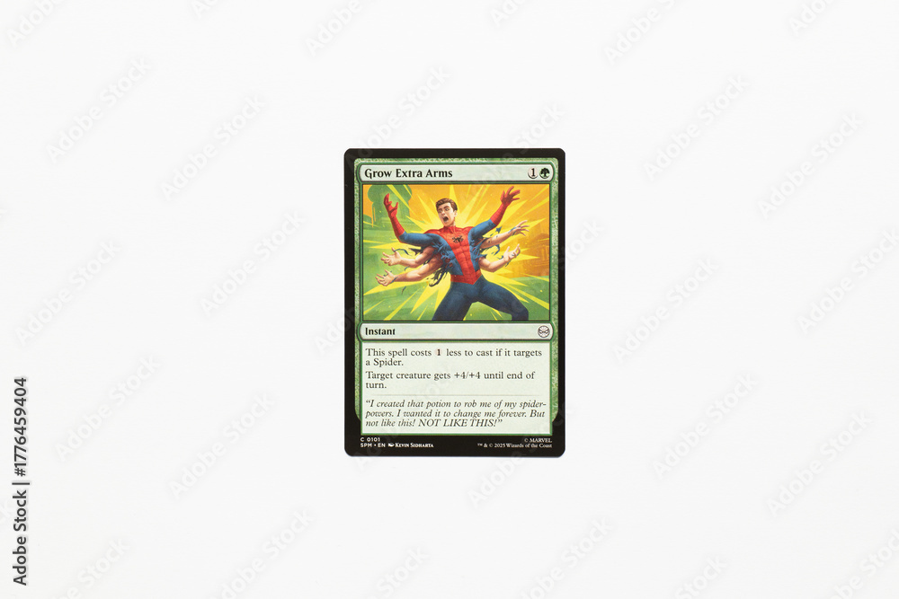 Naklejka premium Bradford, UK Nov 3 2025 Grow Extra Arms card from Spider-man magic the gathering shot isolated on a white paper background.