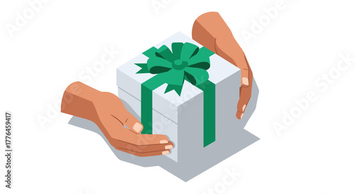 Isometric hands holding gift box with green ribbon on white background
