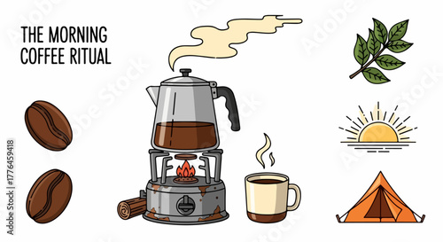 Morning coffee ritual with campfire and tent