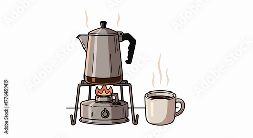 Coffee percolator on stove with steaming cup