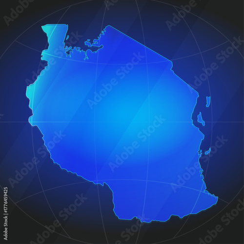 An illustration of Tanzania map silhouette with glowing blue color gradient and surrounded by grid globe. Suitable for design element, background, or infographic.