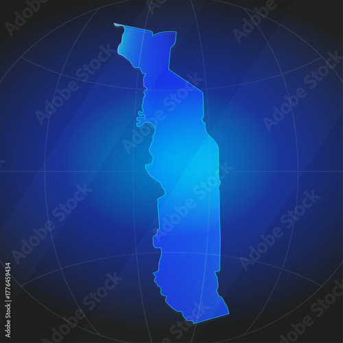 An illustration of Togo map silhouette with glowing blue color gradient and surrounded by grid globe. Suitable for design element, background, or infographic.