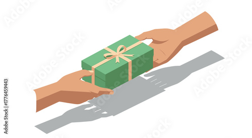 Hands passing a green gift box with shadows in isometric style