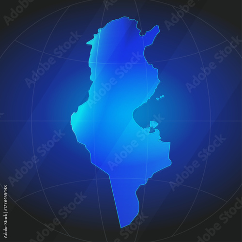 An illustration of Tunisia map silhouette with glowing blue color gradient and surrounded by grid globe. Suitable for design element, background, or infographic.