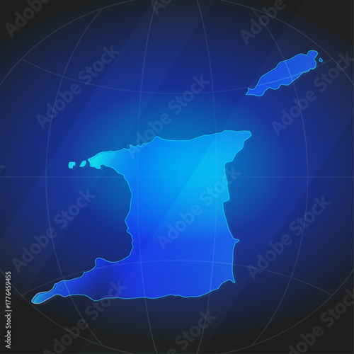 An illustration of Trinidad and Tobago map silhouette with glowing blue color gradient and surrounded by grid globe. Suitable for design element, background, or infographic.