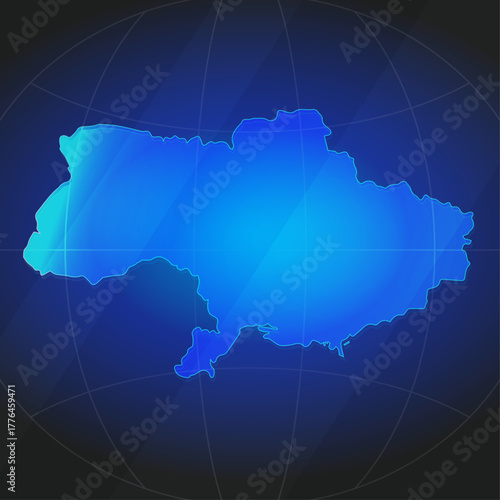 An illustration of Ukraine map silhouette with glowing blue color gradient and surrounded by grid globe. Suitable for design element, background, or infographic.