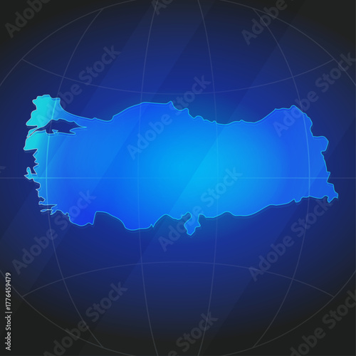 An illustration of Turkey map silhouette with glowing blue color gradient and surrounded by grid globe. Suitable for design element, background, or infographic.