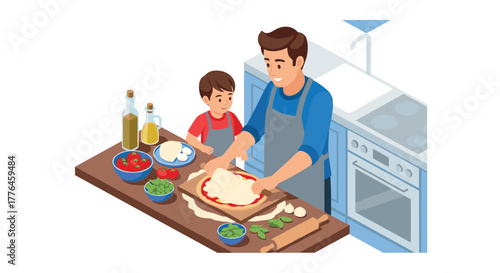 Father and son making pizza together in a cozy kitchen setting