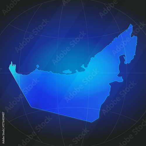An illustration of United Arab Emirates map silhouette with glowing blue color gradient and surrounded by grid globe. Suitable for design element, background, or infographic.