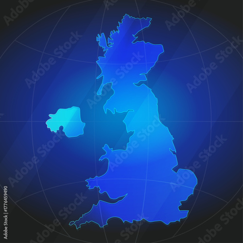 An illustration of United Kingdom map silhouette with glowing blue color gradient and surrounded by grid globe. Suitable for design element, background, or infographic.