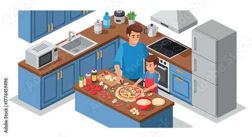 Father and son cooking pizza together in modern kitchen interior in isometric style