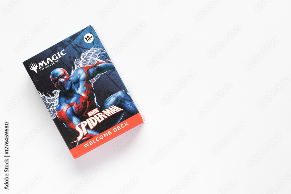 Obraz premium Bradford, UK Nov 3 2025 Spider-man magic the gathering card game welcome pack shot isolated on a white paper background.