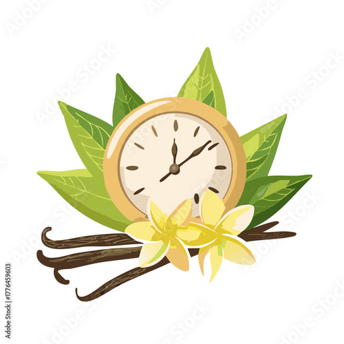 Vector illustration of a clock with vanilla pods, flowers and leaves symbolizing freshness and natural flavors