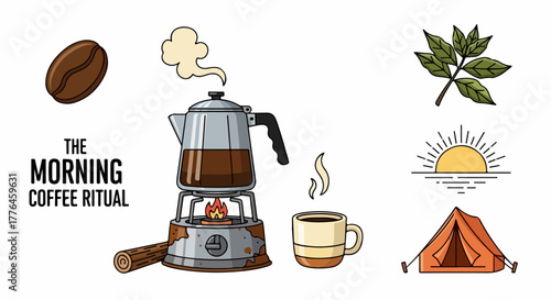 Morning coffee ritual with camping and nature elements