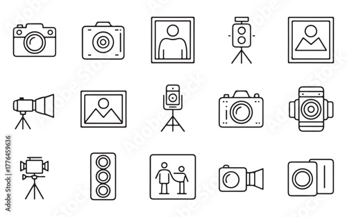  Collection of hand drawn line art icons representing cameras and photography equipment