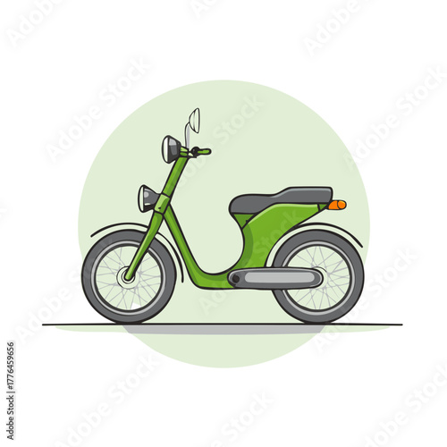 Retro green scooter illustration with a minimalist aesthetic and a light green circle background