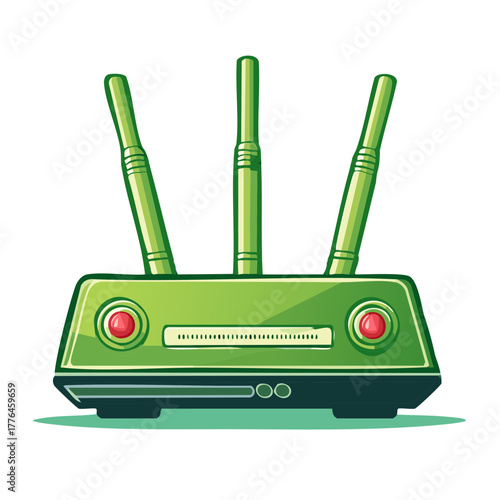 Bright green wireless internet router with three antennas and glowing red indicator lights providing network connection