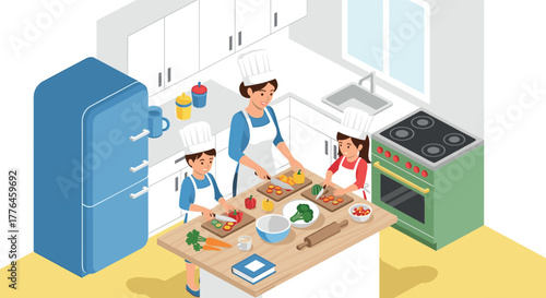 Family cooking fun in modern kitchen parent and kids prepare healthy meal together