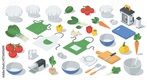 Isometric kitchen items and vegetables with chef hats and tools