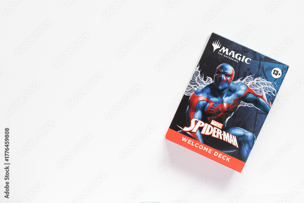 Naklejka premium Bradford, UK Nov 3 2025 Spider-man magic the gathering card game welcome pack shot isolated on a white paper background.