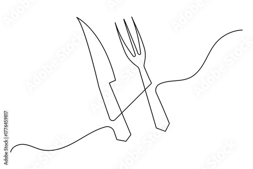 Elegant one line cutlery illustration featuring a fork and knife, ideal for minimalist kitchen and dining concepts