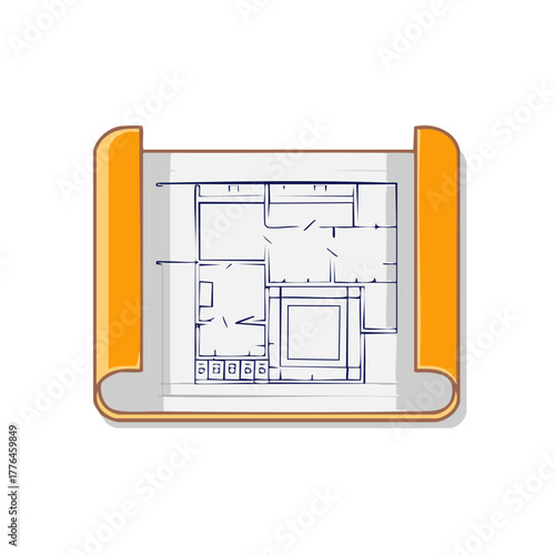 Detailed sketched architectural floorplan blueprint on scroll, design layouts for construction