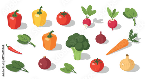 Colorful isometric vegetables set with vibrant peppers, tomatoes, and more