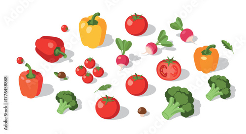 Colorful isometric vegetables on white background fresh broccoli, tomatoes, peppers, and radishes