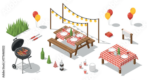 Isometric picnic setup with bbq grill and outdoor decor