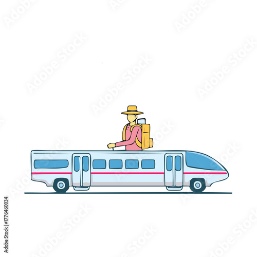 Surreal illustration of a tourist with a backpack riding on the roof of a modern high speed train