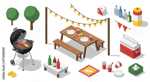 Isometric backyard bbq scene with grill, picnic table, and festive decorations