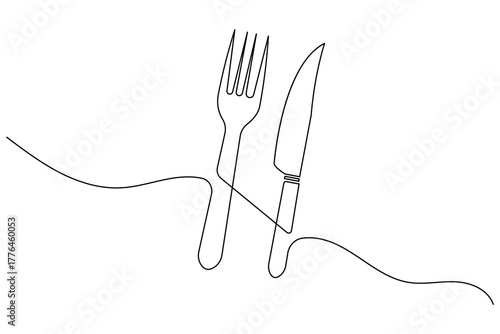 Elegant one line cutlery illustration featuring a fork and knife, ideal for minimalist kitchen and dining concepts