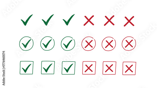 Collection of hand drawn check marks and crosses in various styles and shapes for decision making and confirmation