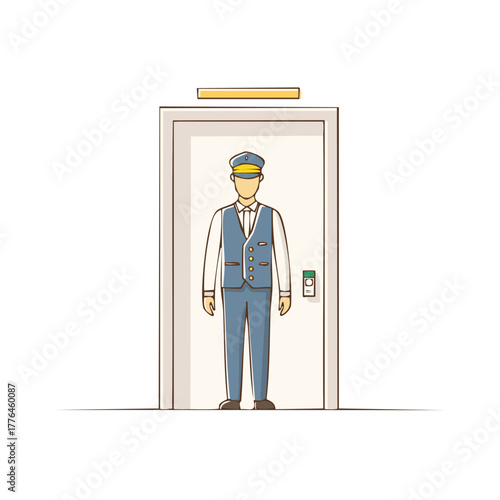 Bellhop standing by an elevator door with uniform and hat
