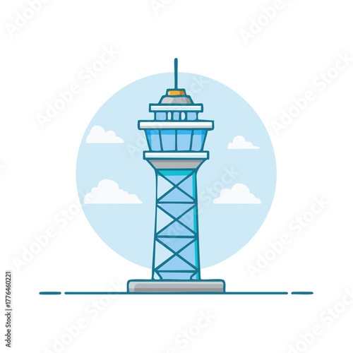 Cartoon illustration of Communication tower with observation deck against cloudy sky