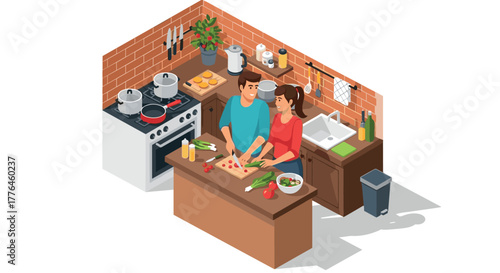 Couple cooking together in modern kitchen isometric design