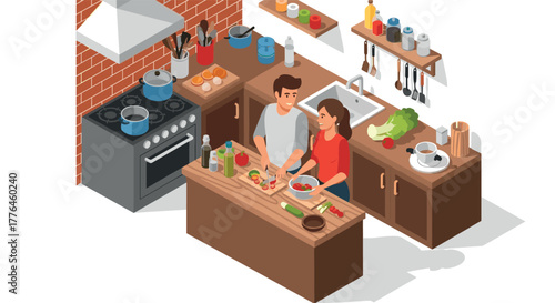 Couple cooking together in modern kitchen with fresh ingredients and utensils